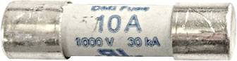 Pojistka s nápisem '10A 1000V 30kA', bílého válcovitého tvaru, stříbrné koncovky.