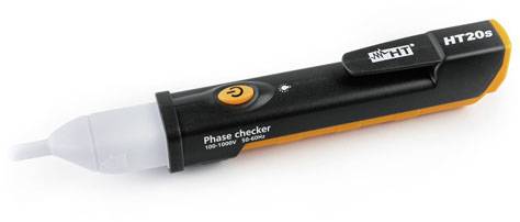 Obrázek znázorňuje bezkontaktní zkoušečku napětí s nápisem 'Phase checker HT20s', která se používá k detekci elektrického proudu.