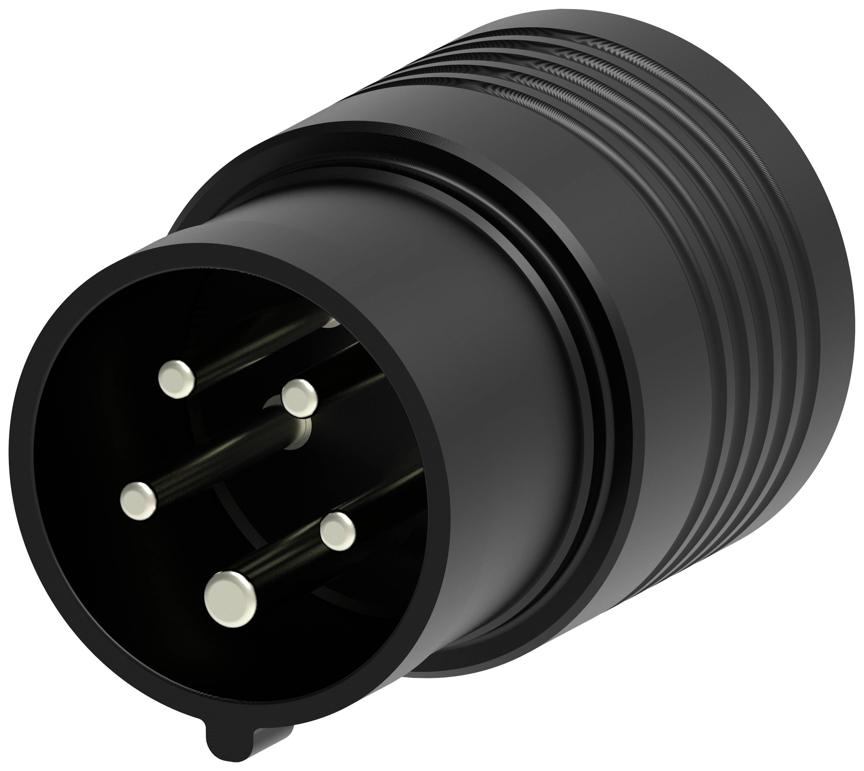 Černená elektrická zástrčka s několika kontakty, vhodná pro průmyslové aplikace.