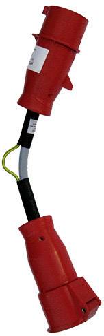 Červený adaptérový kabel se dvěma různými konektory pro průmyslové aplikace, propojený krátkým kabelovým úsekem.