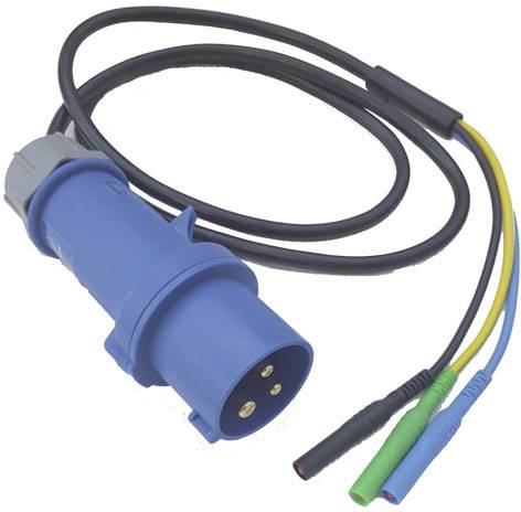 Modrá trojpólová zástrčka s kabelem, který se rozděluje do tří barevných svorek: černé, zelené a modré. Elektrické připojení.