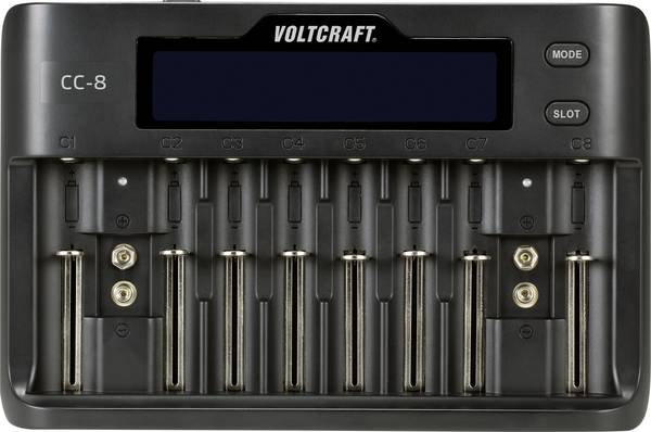 <br>  VOLTCRAFT<br>  CC-8<br>  nabíječka akumulátorů<br>  Li-Ion, LiFePO , NiMH, NiCd<br>  A , AA, AAA, Mini (AAAA) , 9 V, malé mono, Sub-C , 10340 , 14500, 16340, 17500, 17650 , 18490, 18500, 18650, 21700 , 22650, 26500, 26650<br>