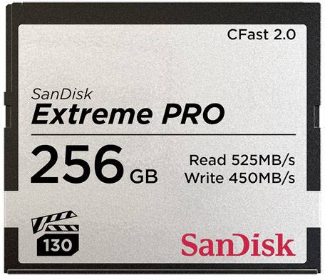 SanDisk Extreme PRO CFast 2.0 paměťová karta o kapacitě 256 GB. Rychlost čtení 525 MB/s, rychlost zápisu 450 MB/s.