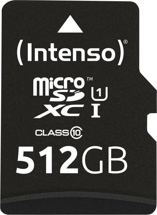 512GB karta Intenso MicroSDXC třídy 10, UHS-I, v černém provedení, vhodná pro rychlý přenos dat a velkou paměťovou kapacitu.