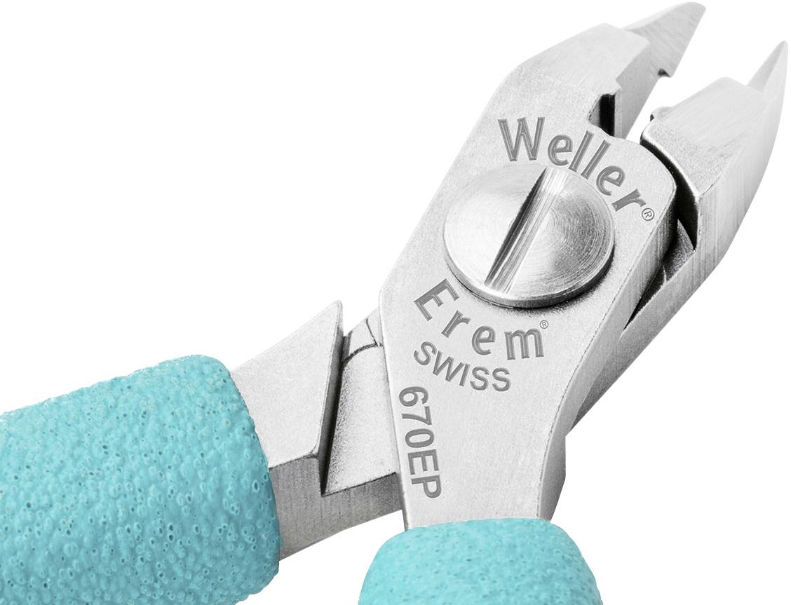 Detailní záběr stříbrných přesných štípacích kleští značky Weller Erem s tyrkysovými rukojeťmi, model 670EP.