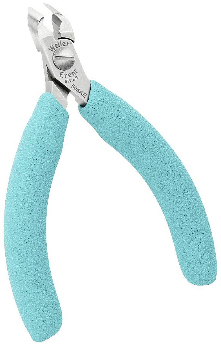 Štípací kleště s tyrkysovými rukojeťmi, značka Weller, model 504AE. Nástroj pro přesné zpracování malých drátů.