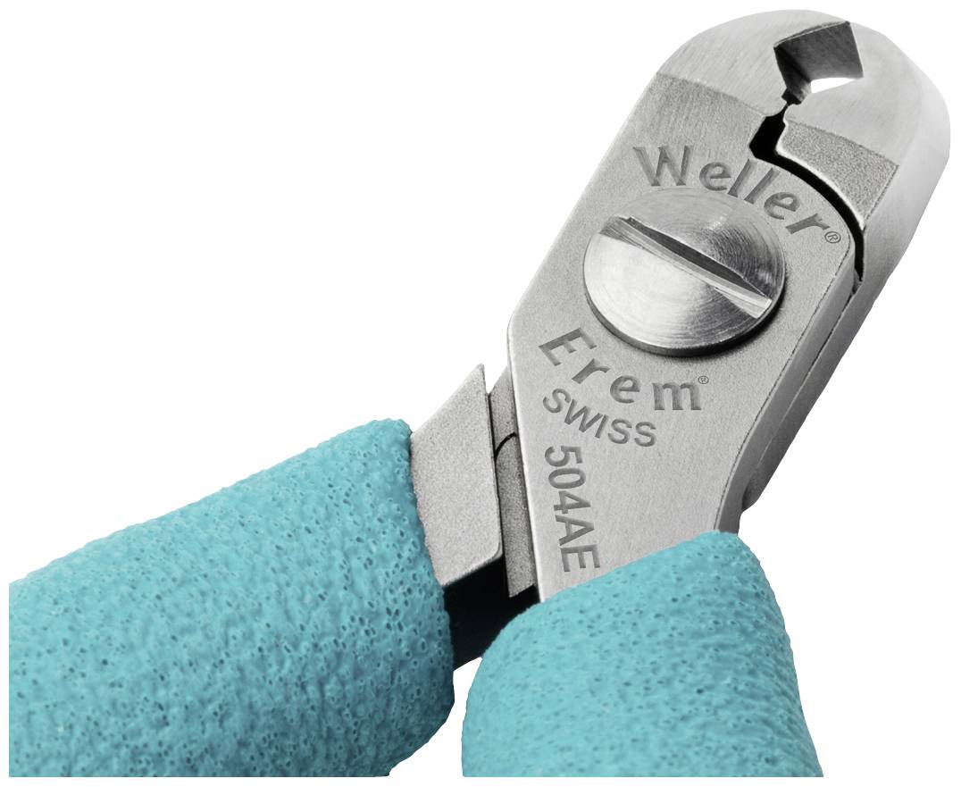 Detailní záběr štípacích kleští Weller Erem, model 504AE, s tyrkysovými rukojeťmi.