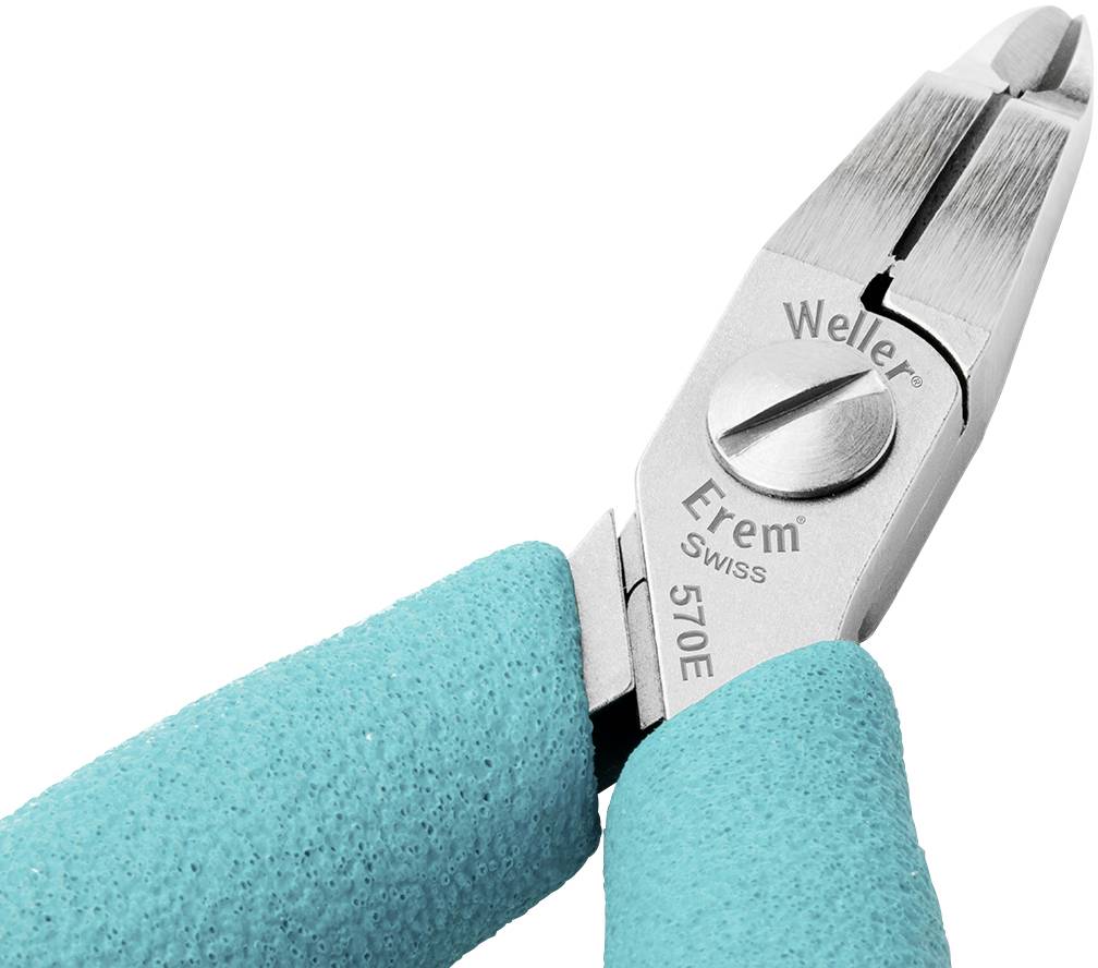 Kleště s modrými rukojeťmi a kovovým střižným hlavou. Gravura: 'Weller', 'Erem Swiss', '570E'.