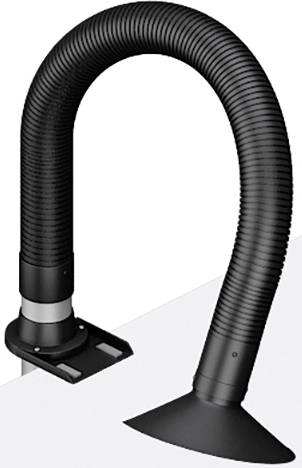 Černý, flexibilní sací výstup s širokým, plochým koncem a montáží na stůl, vhodný pro laboratorní nebo dílní prostředí.