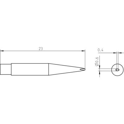 Technický výkres hrotu. Délkový rozměr: 23 mm; průměr: 0,4 mm na špičce a 0,6 mm na dříku.