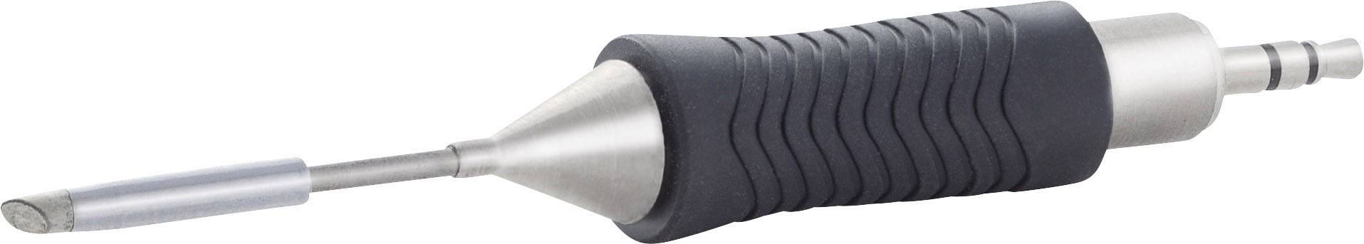 Přesný nástroj s vroubkovanou ergonomickou rukojetí a úzkou kovovou špičkou, pravděpodobně určený pro technické použití.