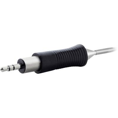 Detailní záběr 3,5mm audio jacku s černou vroubkovanou rukojetí a stříbrným konektorem.