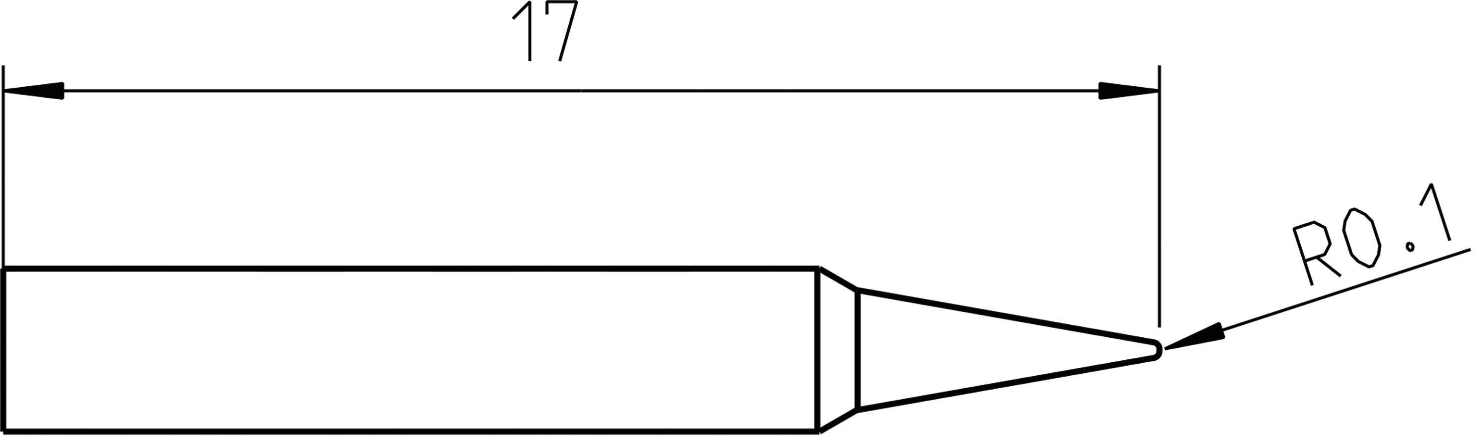 Kresba pájecí špičky s délkou '17' a poloměrem 'R0,1'. Rozměry znázorňují velikost a tvar špičky.