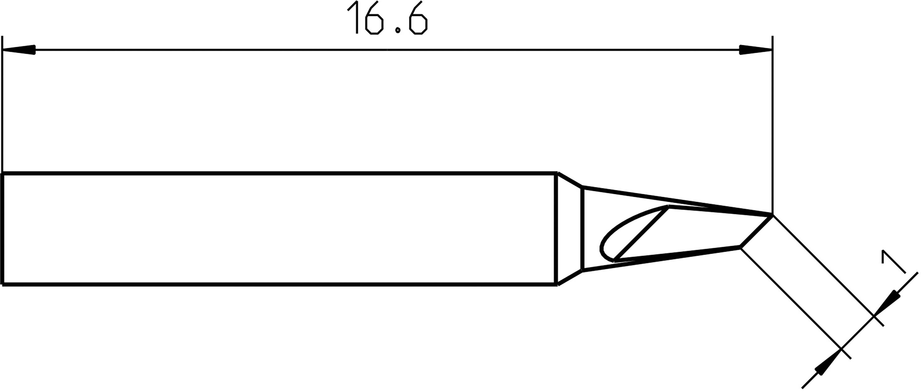 CAD výkres pájecí špičky s rozměry: celková délka 16,6 mm, délka úhlu 1 mm, šikmo seříznutá špička.