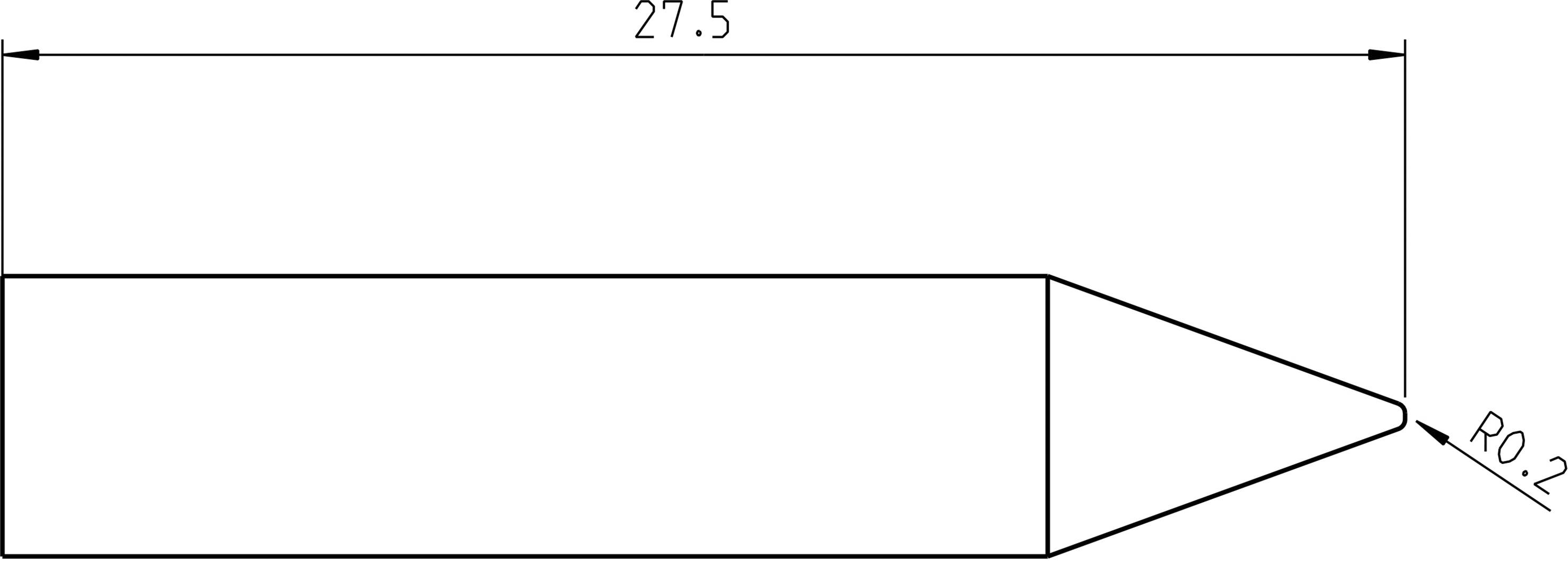 Technický výkres prizmatického tělesa, délka 27,5, s kónickým zakončením, poloměr 0,2.
