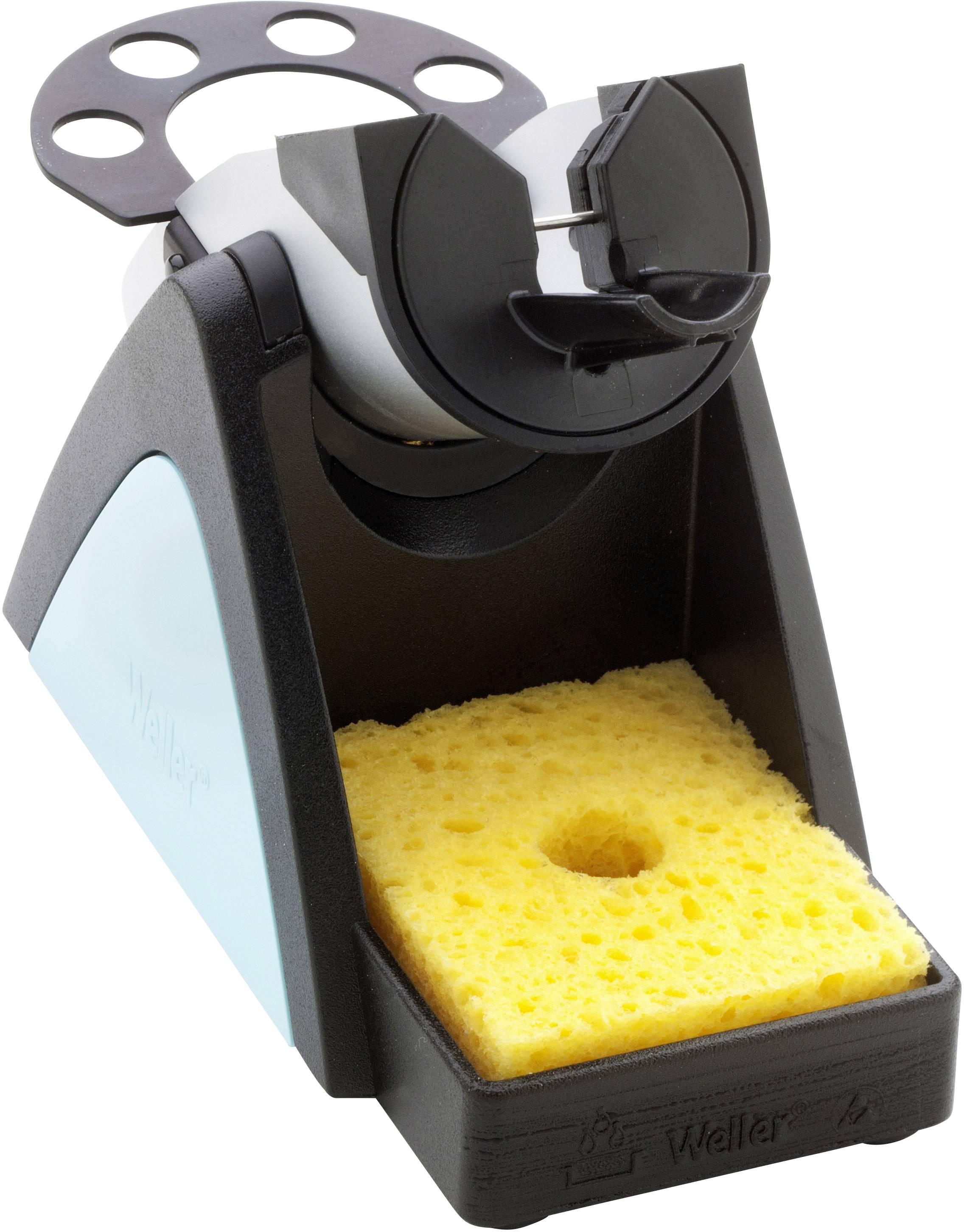 Stojan na pájecí pero s houbičkou pro čištění, vybavený držákem na pájecí pero, před neutrálním pozadím.