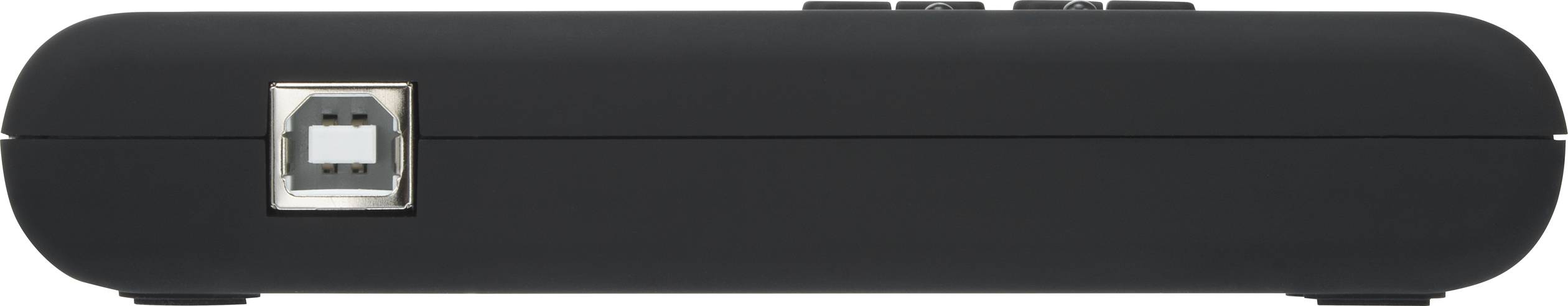 Černá, obdélníková krabice s USB portem na boku.