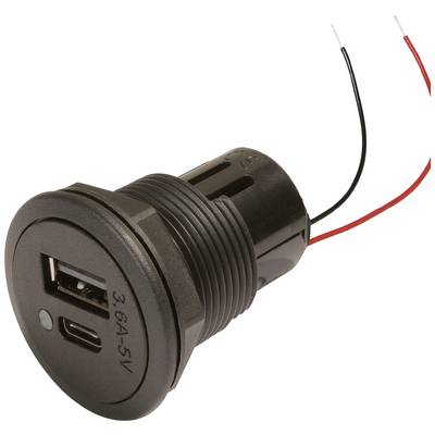 Černý USB a USB-C nabíjecí port se dvěma vstupy, kabel připevněn. Vhodný pro montáž do zařízení.