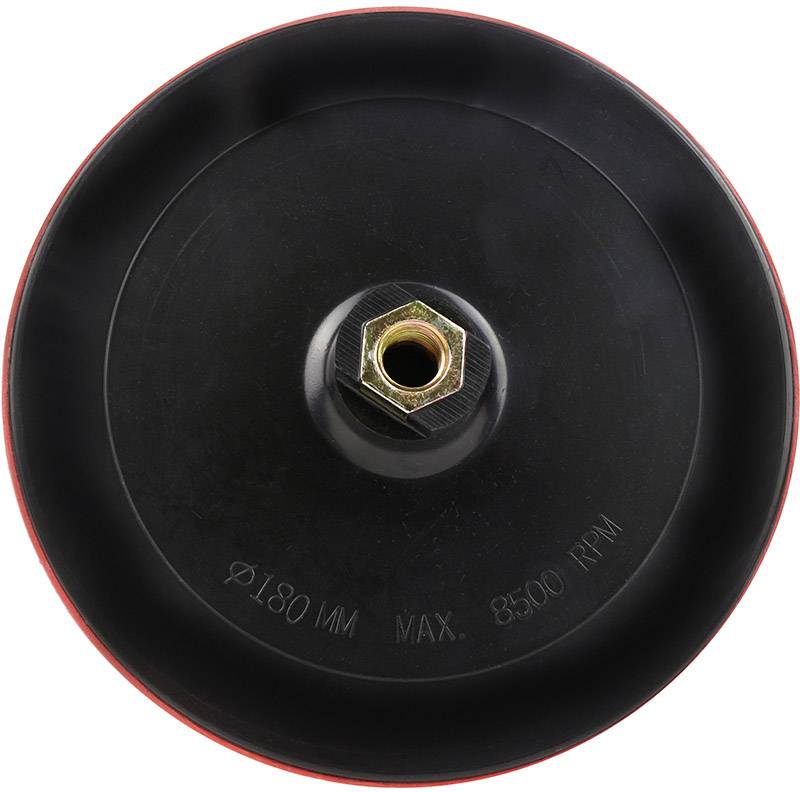 Kulatý, černý brusný kotouč s centrálním kovovým upevněním, s nápisem 'M14 MAX 8500 RPM' na povrchu.