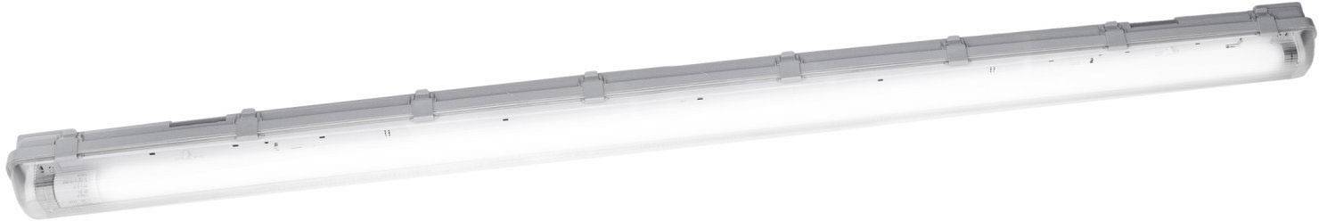 Dlouhá LED zářivková trubice s ochranným plastovým krytem, vhodná pro průmyslové nebo komerční osvětlení.