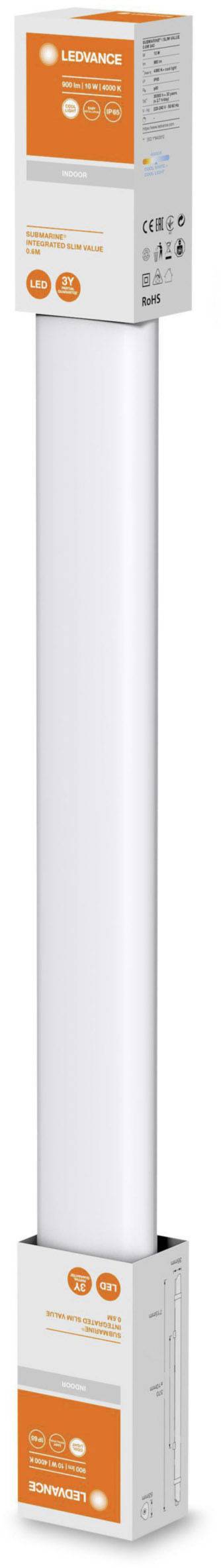 Obal LED zářivky s logem značky a produktovými informacemi v oranžové a bílé barvě, uspořádaný vertikálně.