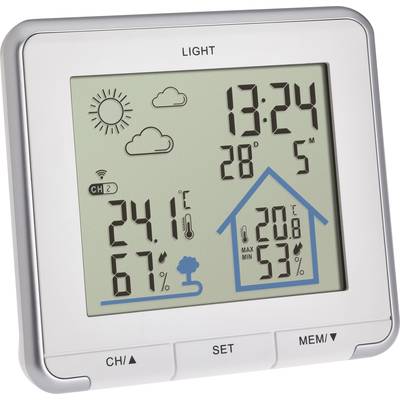 Digitální teploměr a hygrometr: Zobrazuje vnitřní a venkovní teplotu, vlhkost vzduchu, čas (13:24) a meteorologické symboly.