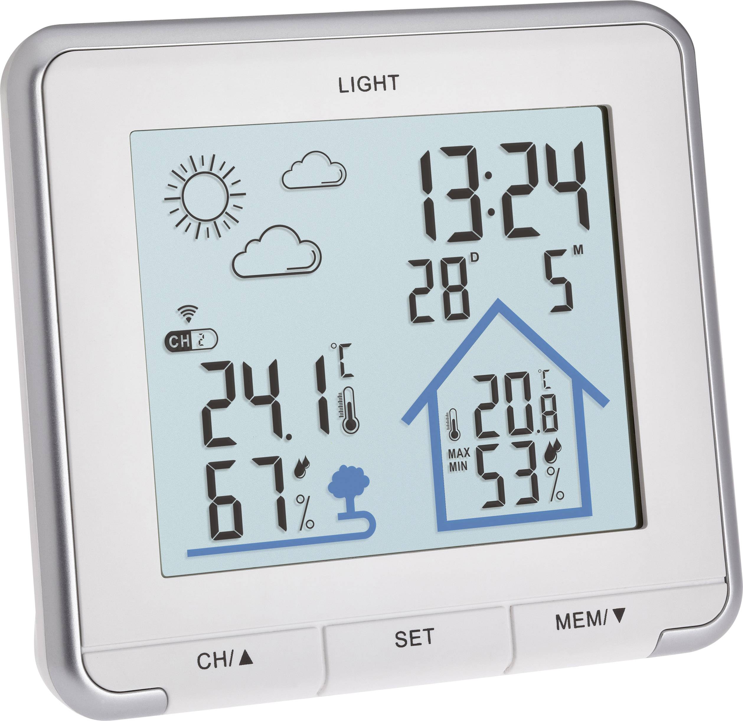 Digitální teploměr a vlhkoměr zobrazuje 24,1°C, 67% vnitřní vlhkosti, 20,0°C, 53% venkovní vlhkosti. Čas 13:24.