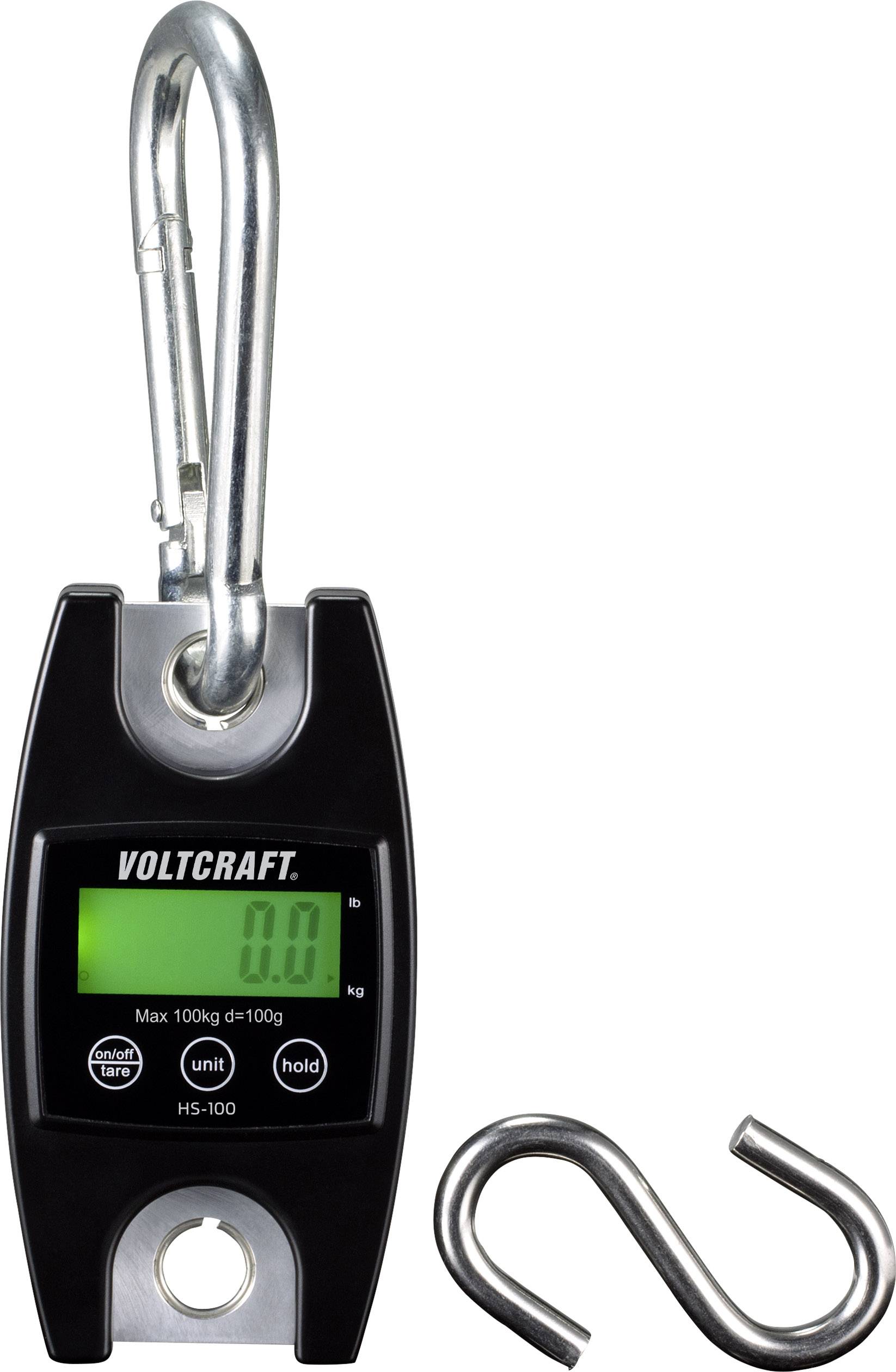 Elektronická závěsná váha s hákem. Displej ukazuje '0,0 kg'. Značka 'Voltcraft'. Maximální kapacita: 100 kg.