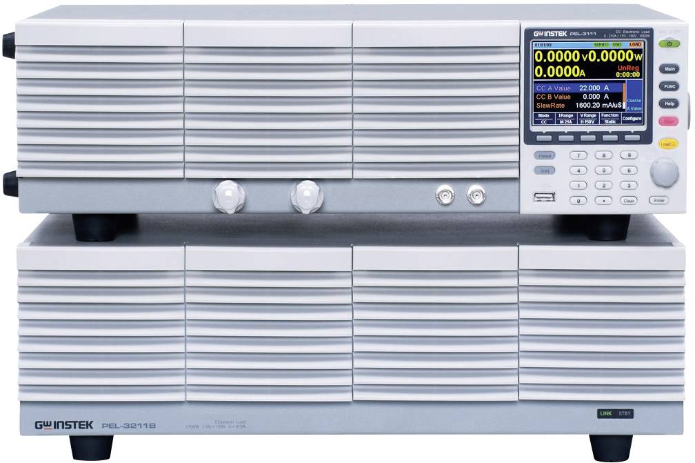 Elektronické měřicí zařízení s displejem zobrazuje naměřené hodnoty, jako jsou napětí a proudové zatížení. Ovládací tlačítka a vstupní konektory jsou viditelné.
