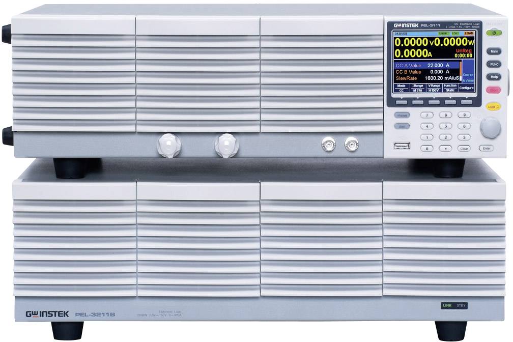 Elektronické zátěžové zařízení s digitálním displejem zobrazuje aktuální napětí a proud. Ovládací prvky a konektory jsou umístěny na přední straně.