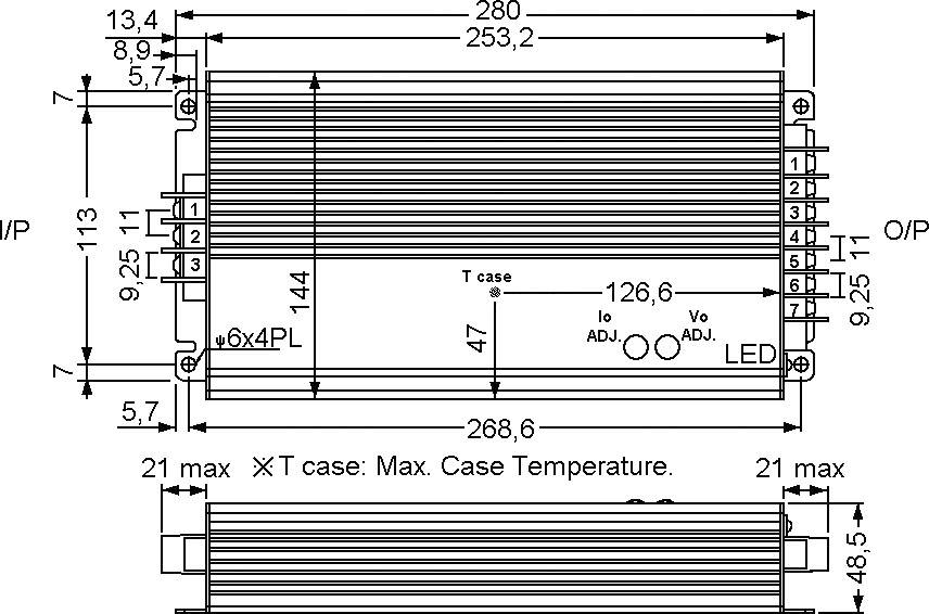 Technický výkres obdélníkového zařízení s rozměry 280x67 mm. Jsou popsány detaily připojení, teplotní údaj 'T case' a možnosti nastavení 'Io ADJ.', 'Vo ADJ.'.