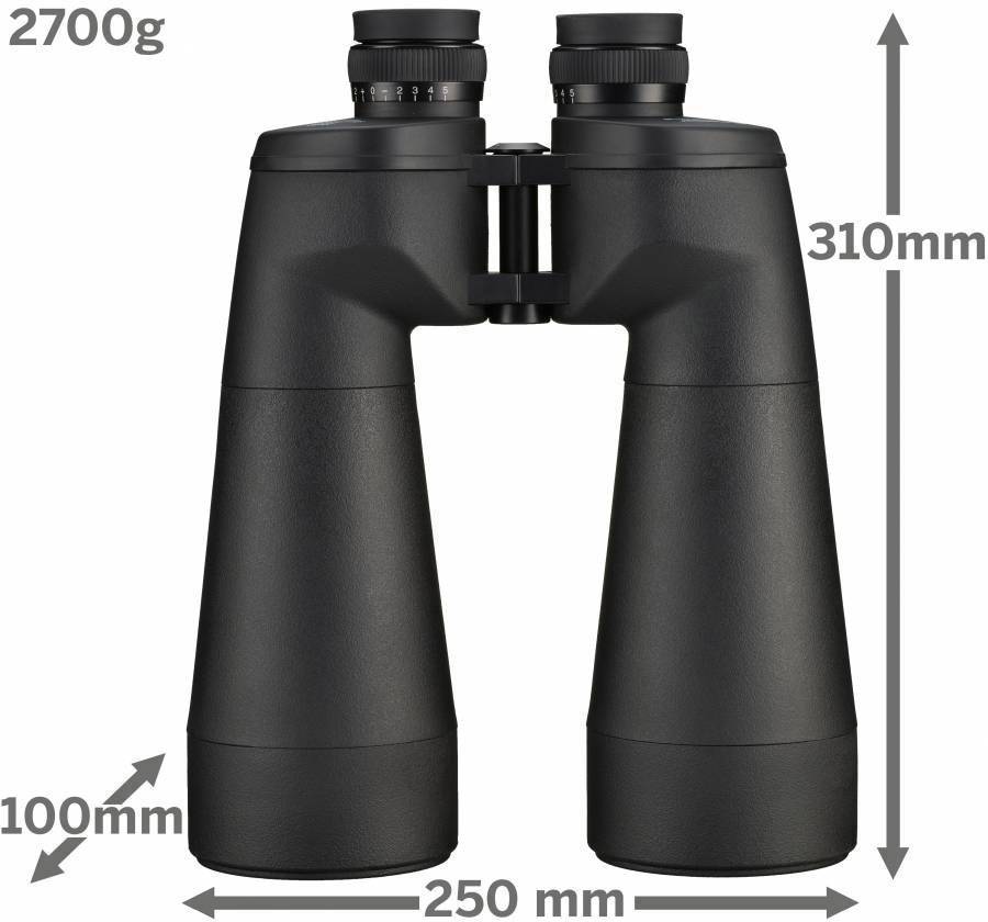 Černý dalekohled, umístěný centrálně, obklopený rozměry: výška 310 mm, šířka 250 mm, hloubka 100 mm, hmotnost 2700 g.