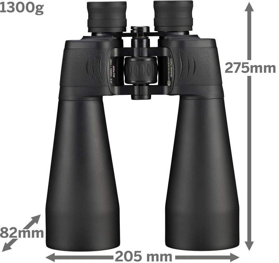 Černý dalekohled s rozměry: 275 mm výška, 205 mm šířka, 82 mm průměr čočky. Hmotnost: 1300 g.