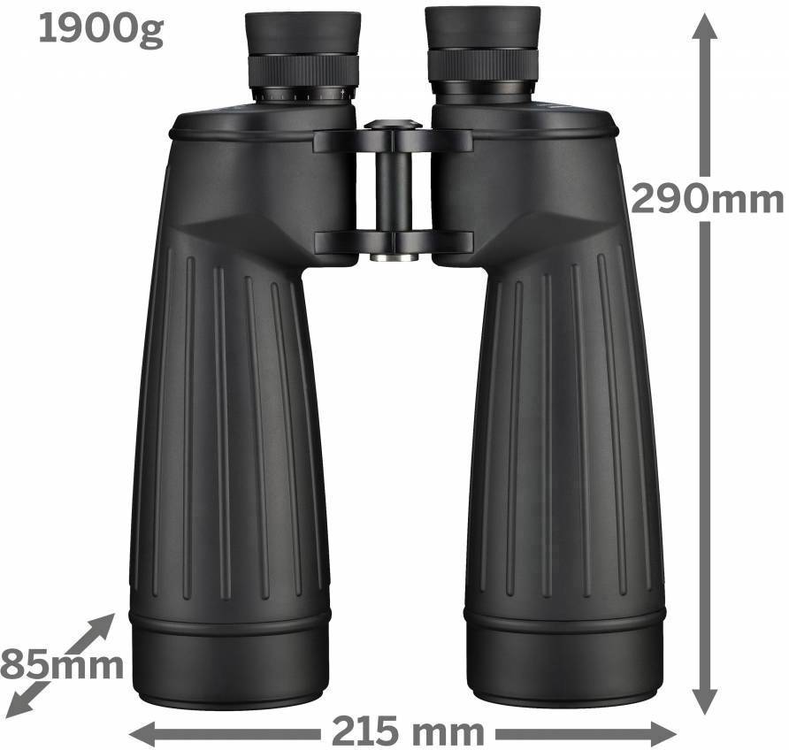 'Černý dalekohled s rozměry 290 mm výšky, 85 mm hloubky a 215 mm šířky. Hmotnost: 1900 g.'