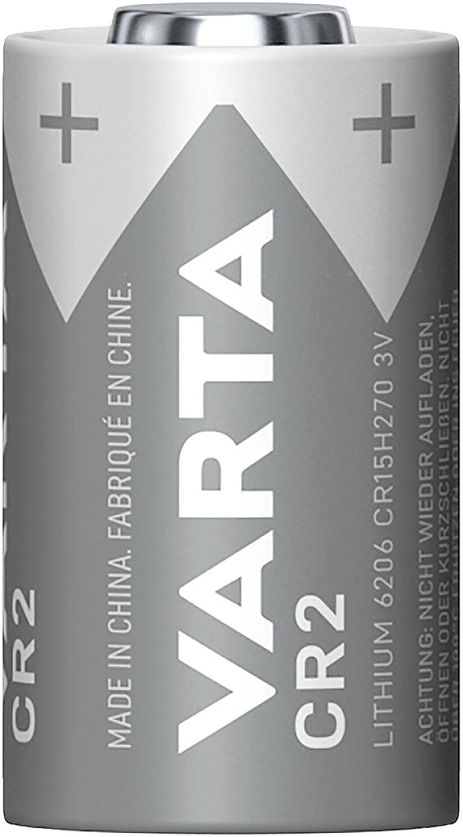 Stříbrná lithiová baterie VARTA CR2, 3V; s nápisem: „Vyrobeno v Číně".