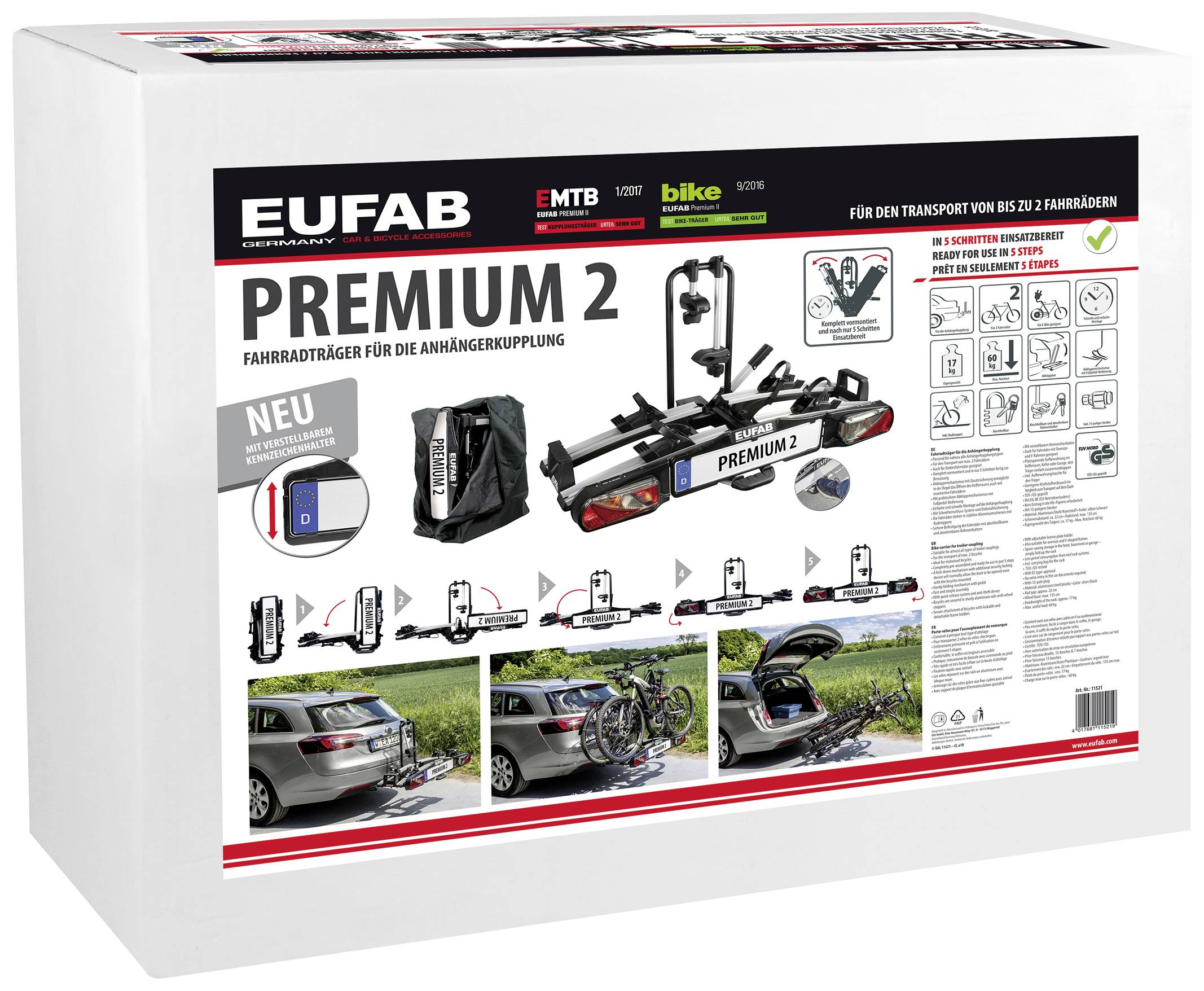 Nosič jízdních kol Premium 2 od společnosti EUFAB pro tažná zařízení, vhodný pro až 2 jízdní kola. Balení zobrazuje detaily produktu a příklady použití.