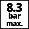 '8,3 bar max.' černým textem na bílém pozadí, znázorňuje maximální tlakovou hodnotu.