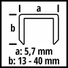 D-tvarová svorka, rozměry udané: a: 5,7 mm, b: 13 - 40 mm. Linie ukazují šířku (a) a délku ramene (b) svorky.