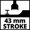 Symbol mechanického postupu s razítkem stlačeným nad nosníkem I-profilu. Text: 43 mm zdvih.