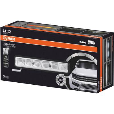 Obal LED světlometu vozidla od OSRAMu, zobrazující ilustraci produktu a automobil vpředu, vhodný pro osobní i nákladní vozidla.