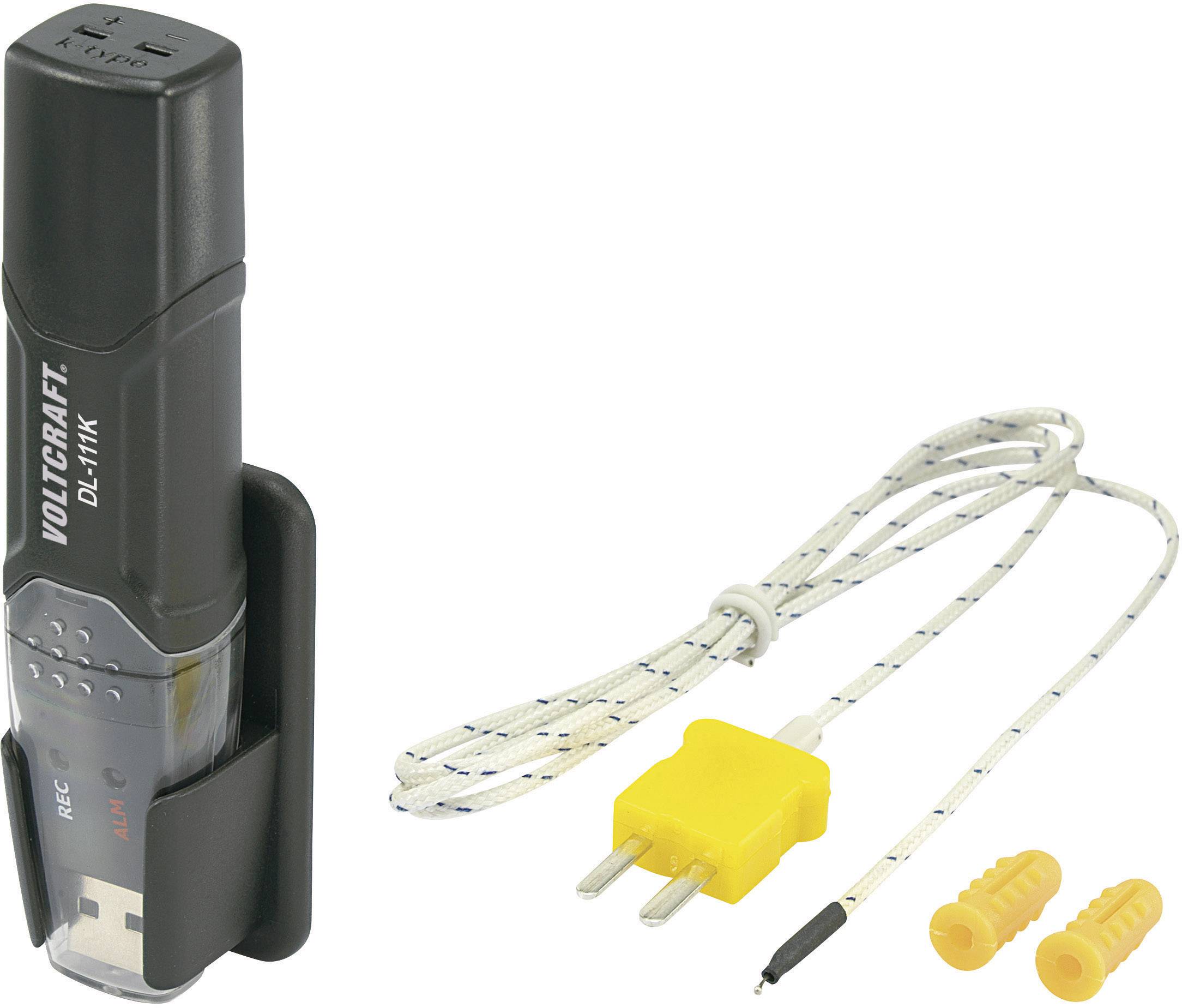 Teplotní datalogger s připojeným měřicím vedením. Používá se ke sledování a zaznamenávání teplotních údajů.