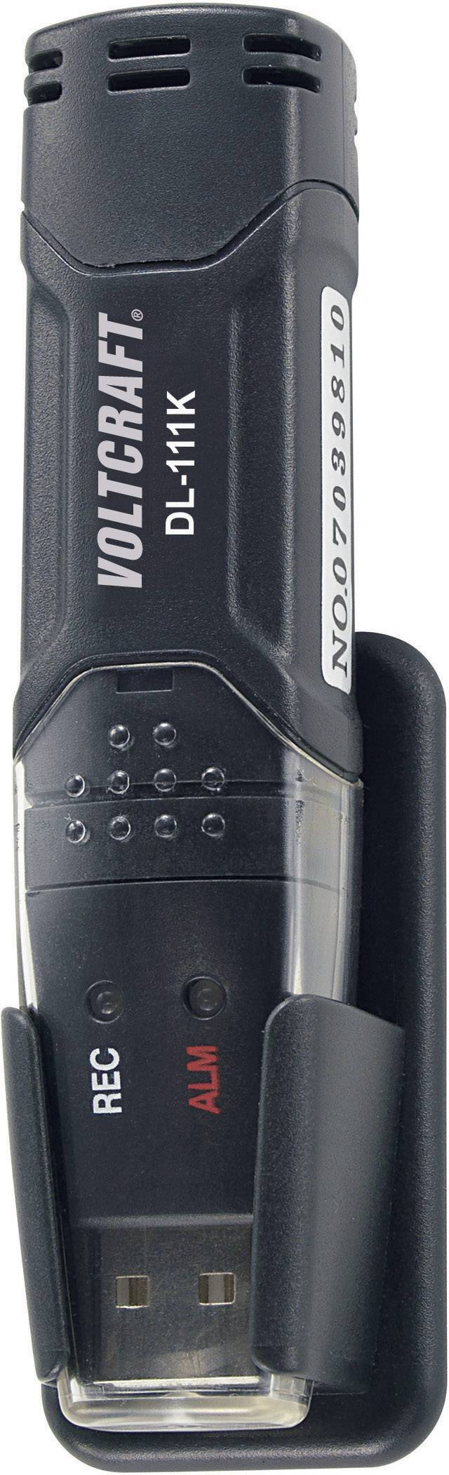 Černé ruční zařízení značky Voltcraft pro záznam dat. Model: DL-111K. Dole jsou umístěny indikátory 'REC' a 'ALM'.