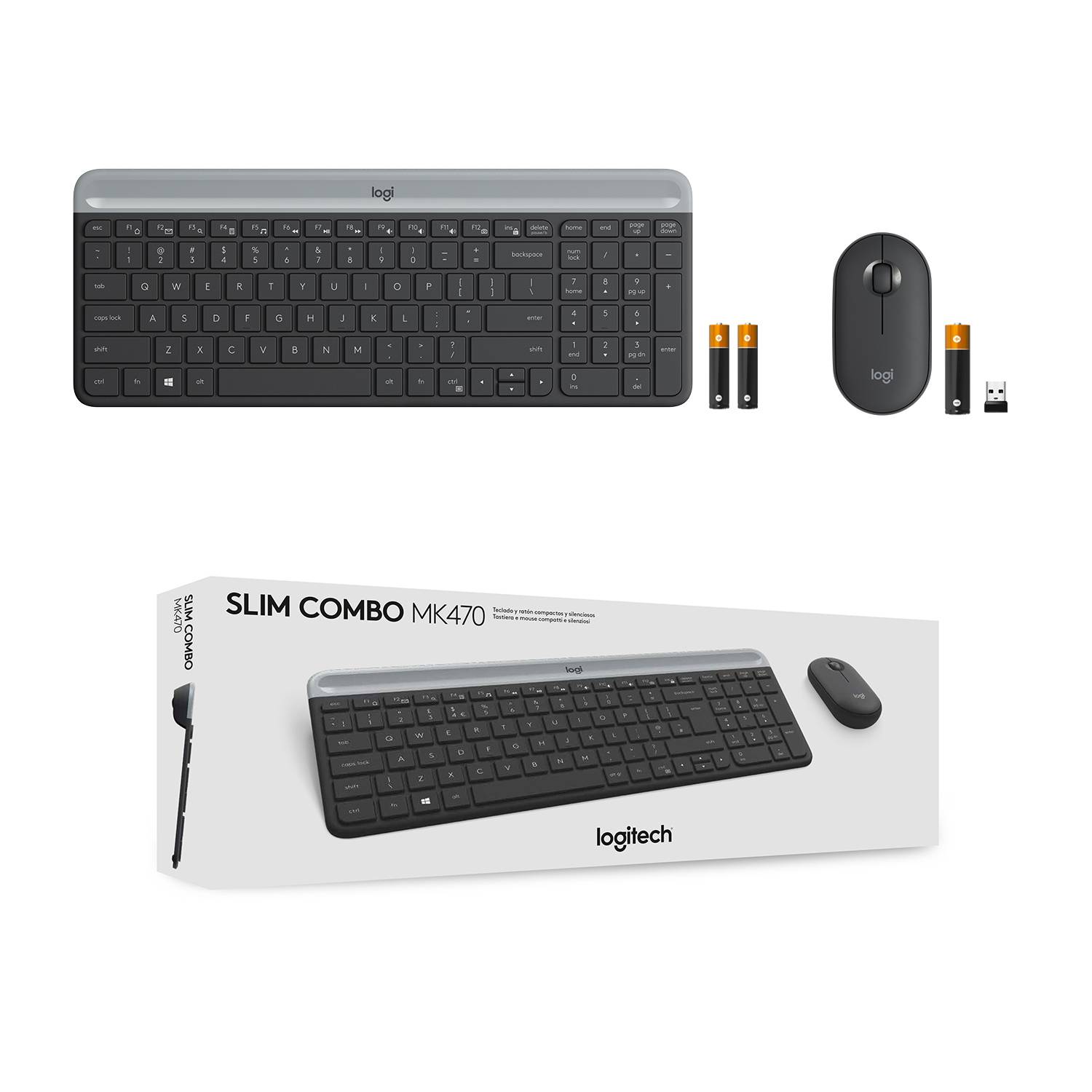 Bezdrátová klávesnice a myš Logitech Slim Combo MK470 v černé barvě s kompaktním designem, včetně baterií a USB přijímače.