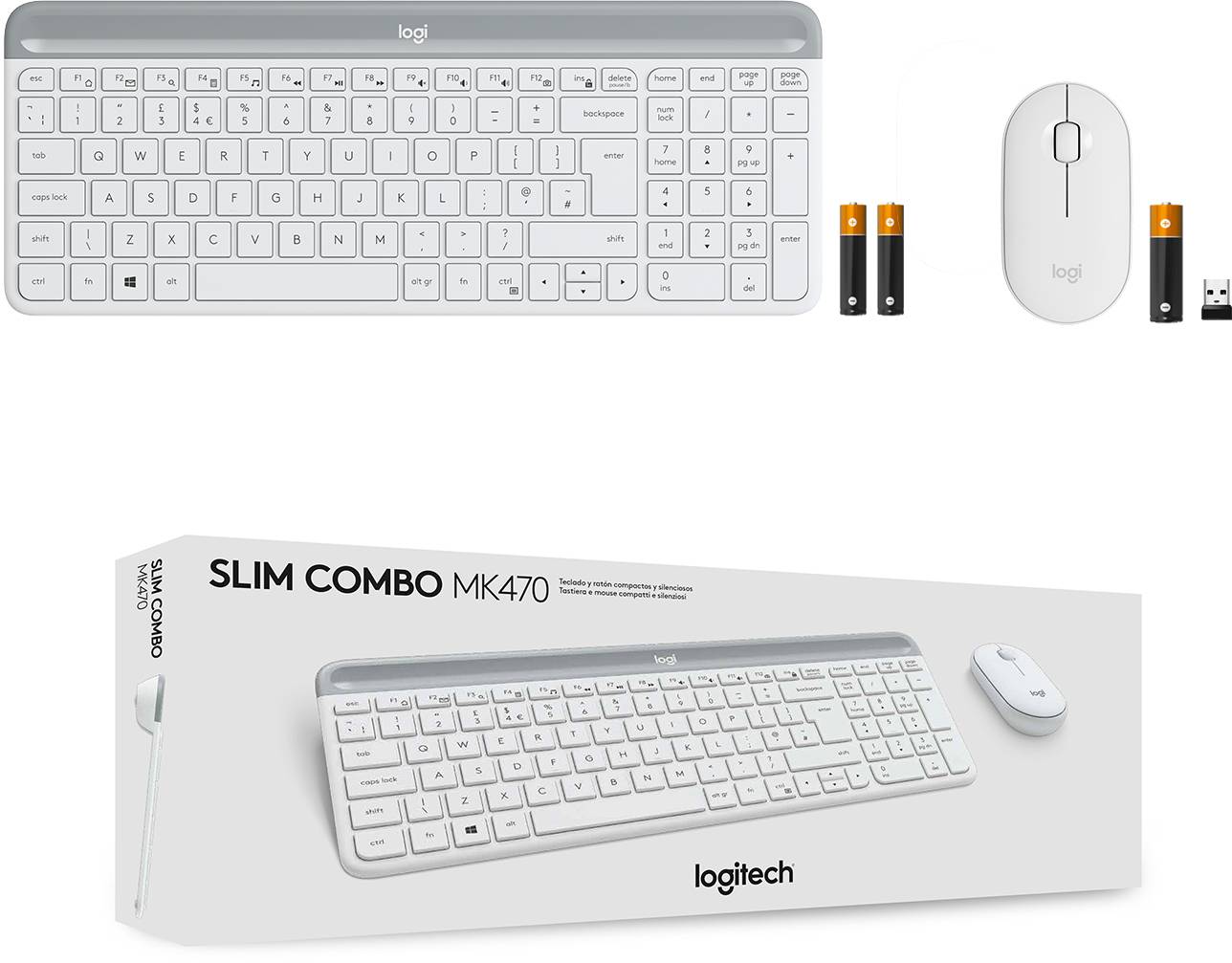 Bezdrátová klávesnice a myš od Logitechu (model Slim Combo MK470) s USB přijímačem, štíhlý design, klávesnice v bílé barvě.