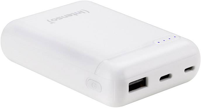 Bílá powerbanka s jedním USB portem a indikátorem nabití. Je kompaktní a má zaoblené rohy pro snadnou přenositelnost.