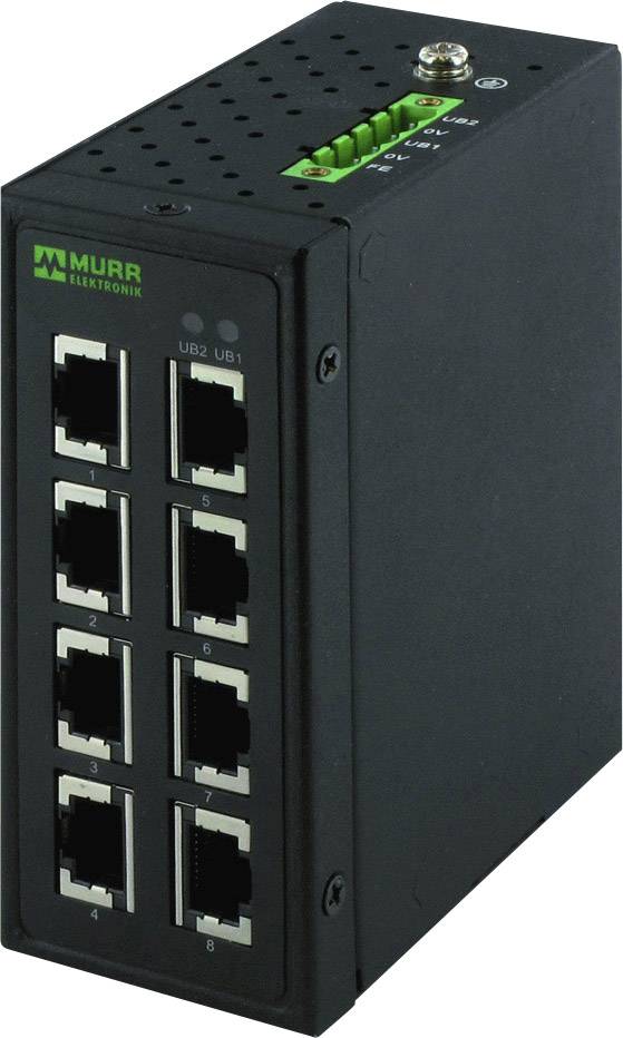 Černý síťový switch s osmi ethernetovými porty vyrobený společností Murr Elektronik. Nahoře jsou umístěny zelené kontrolní LED diody.