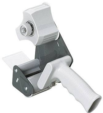 Šedé ruční odvíječ lepicí pásky s ergonomickou rukojetí a nastavitelným napětím.
