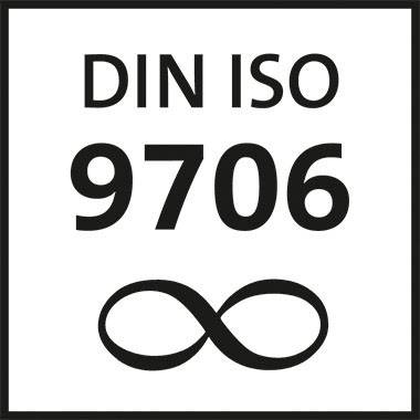 Symbolický obrázek s nápisem 'DIN ISO 9706' a symbolem nekonečna pod ním.