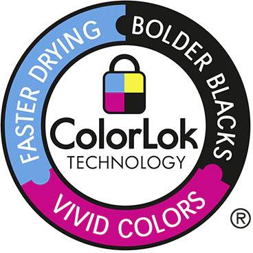 Obrázek zobrazuje logo ColorLok, obklopené slovy „Rychlejší schnutí", „Sytější černá" a „Výrazné barvy", která poukazují na kvalitu tisku.