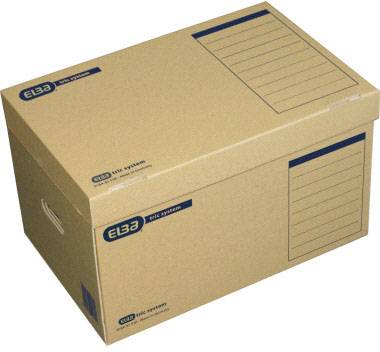 Hnědá archivní krabice z lepenky s prostorem pro popis. Viditelný název značky 'ELBA'.